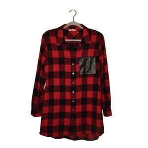 SOFT SURROUNDINGS $99 Red Black Plaid Button Down Tunic Faux Leather Pocket S